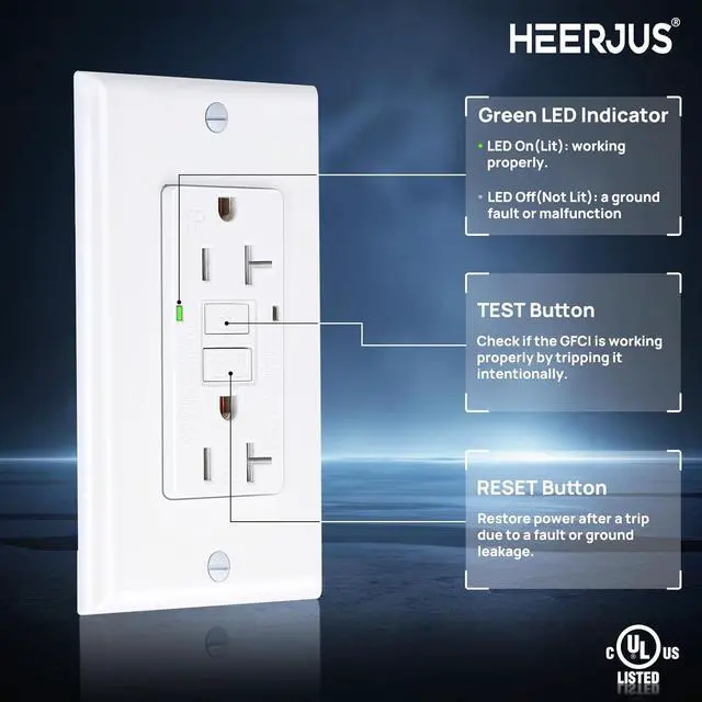 Alt view image 3 of 7 - 2 Pack 20 Amp GFCI Outlet GFI Electrical Outlet Tamper Resistant(TR) Self-Test GFI Receptacles with LED Indicator Decoration Wall Plates UL Listed White