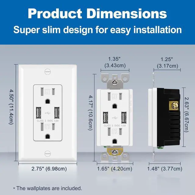 Alt view image 7 of 7 - BESTTEN 5 Pack USB Wall Outlet, 4.8A USB Receptacle with Dual Type A Port, 15 Amp Tamper Resistant Outlet, Ultra Slim Design, Self-Grounding, UL Listed, White