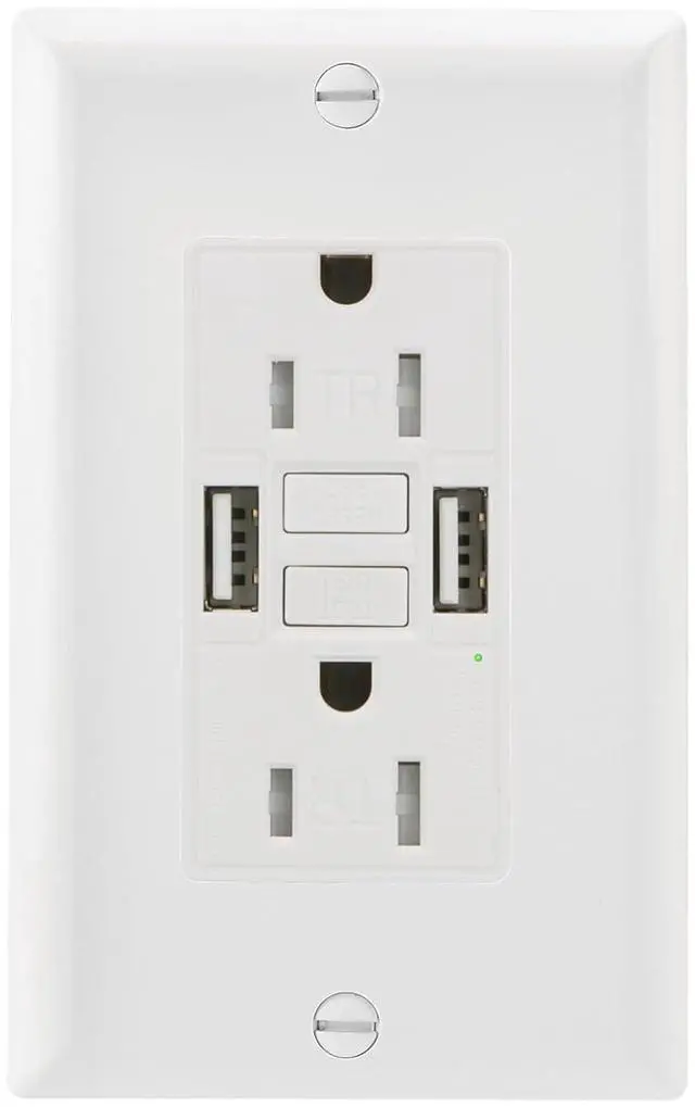 Main image of GFCI Outlet with USB in-Wall,AC125V 15Amp Self-Test with LED Indicator Tamper Resistant DC5V 4.8A Charger Outlet with Dual USB Ports A,ETL Listed,White