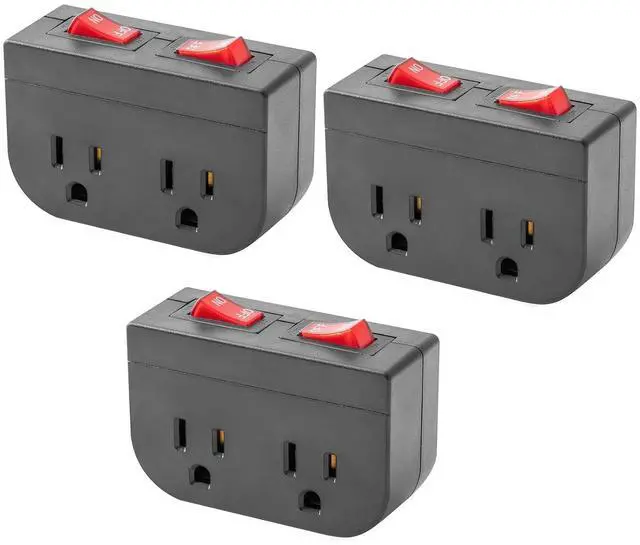 Main image of Grounded Outlet with On Off Switch, Double Port Electrical Outlet Plug Switch, for Cruise Ship, Hard-to-Reach Lamps, Kitchen Appliances, Energy Efficient, 1875W/15A, ETL Listed, Black, 3 Pack