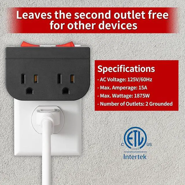 Alt view image 4 of 7 - Grounded Outlet with On Off Switch, Double Port Electrical Outlet Plug Switch, for Cruise Ship, Hard-to-Reach Lamps, Kitchen Appliances, Energy Efficient, 1875W/15A, ETL Listed, Black, 3 Pack