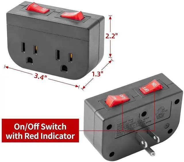 Alt view image 5 of 7 - Grounded Outlet with On Off Switch, Double Port Electrical Outlet Plug Switch, for Cruise Ship, Hard-to-Reach Lamps, Kitchen Appliances, Energy Efficient, 1875W/15A, ETL Listed, Black, 3 Pack