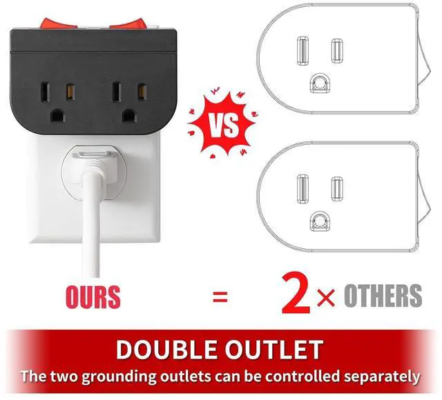 Alt view image 6 of 7 - Grounded Outlet with On Off Switch, Double Port Electrical Outlet Plug Switch, for Cruise Ship, Hard-to-Reach Lamps, Kitchen Appliances, Energy Efficient, 1875W/15A, ETL Listed, Black, 3 Pack
