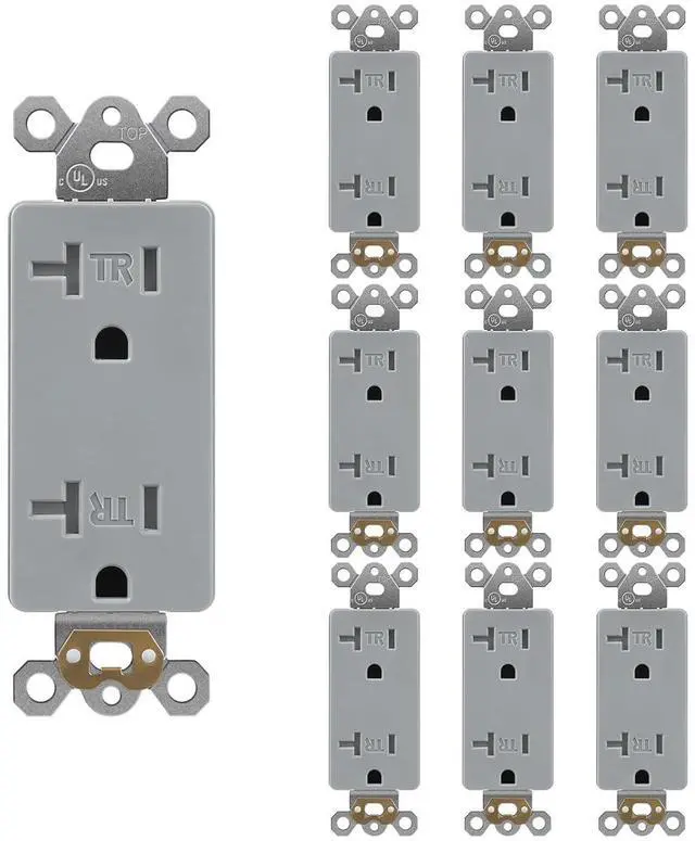 Main image of 10 Pack Standard Decorator Electrical Wall Receptacle, 20 Amp Tamper Resistant Outlet, Self-Grounding, Residential Grade, 2 Pole 3 Wire, UL Listed, Gray
