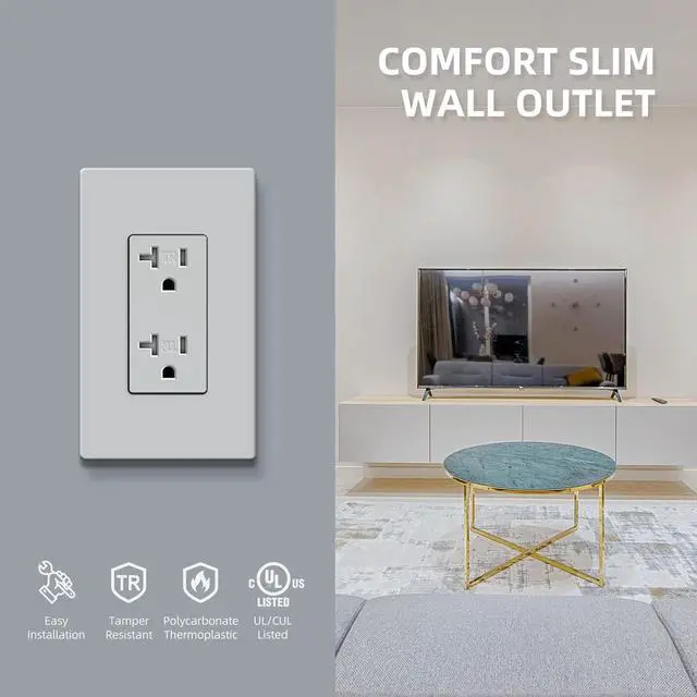 Alt view image 4 of 7 - 10 Pack Standard Decorator Electrical Wall Receptacle, 20 Amp Tamper Resistant Outlet, Self-Grounding, Residential Grade, 2 Pole 3 Wire, UL Listed, Gray