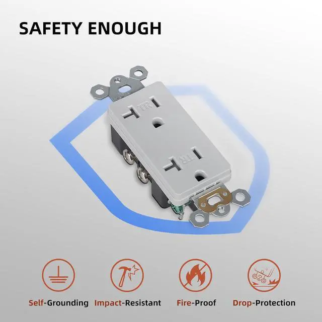 Alt view image 5 of 7 - 10 Pack Standard Decorator Electrical Wall Receptacle, 20 Amp Tamper Resistant Outlet, Self-Grounding, Residential Grade, 2 Pole 3 Wire, UL Listed, Gray