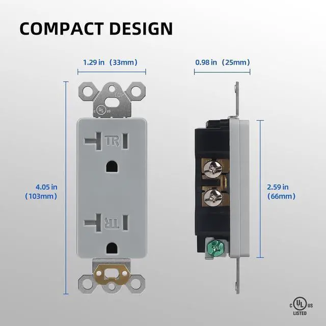 Alt view image 6 of 7 - 10 Pack Standard Decorator Electrical Wall Receptacle, 20 Amp Tamper Resistant Outlet, Self-Grounding, Residential Grade, 2 Pole 3 Wire, UL Listed, Gray