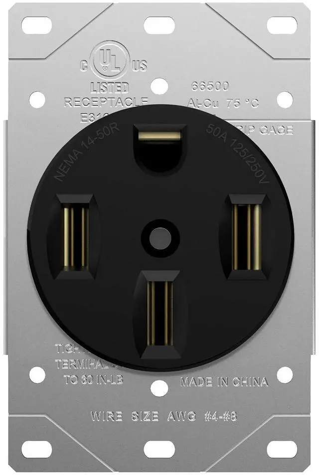 Main image of ENERLITES 66500-BK, 50 Amp 125/250V Range Receptacle Outlet, for RVElectric VehicleOven Stove, 3-Pole, 4 Wire (10, 8, 6, 4 AWG Copper Only), NEMA 14-50R, Black