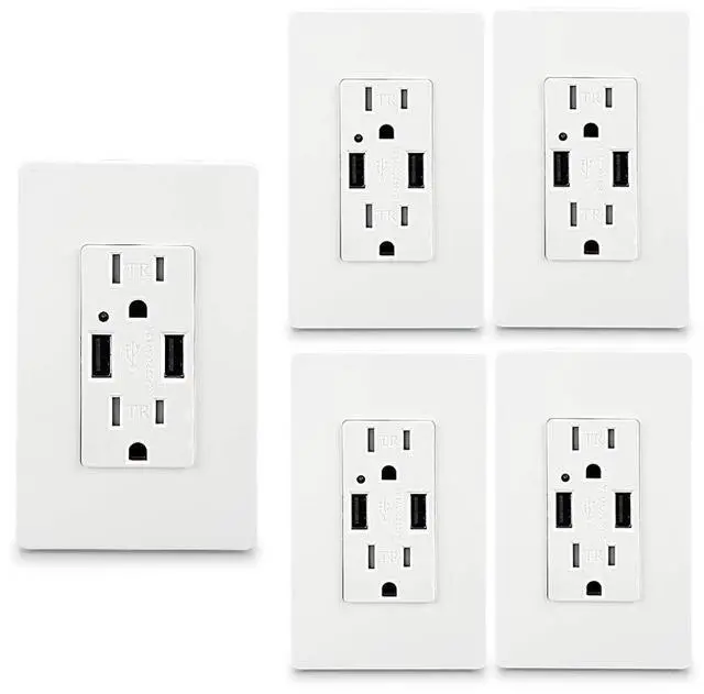 Alt view image 2 of 5 - (5 Pack) LEOD 4.2A 5V Smart High Speed 2 USB Port Charger Outlet & 2 Types Wall Plates(Standard and screwless Included), 15A Tamper-Resistant Receptacle, USB Charger Wall Outlet, White, UL Listed