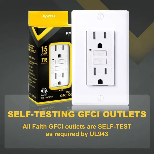 Alt view image 2 of 7 - Faith 15 Amp GFCI Outlet, ETL Listed, Tamper-Resistant GFI Electrical Outlet, Self-Test Ground Fault Circuit Interrupter with Wall Plate, White
