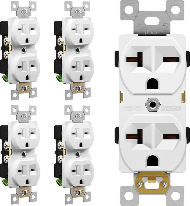 Main image of ENERLITES Duplex Receptacle, 20 Amp Electrical Wall Outlet, Industrial Grade, 2-Pole, 3-Wire, 20A 250V, UL Listed, 62081-W-5PCS, White, 5 Pack