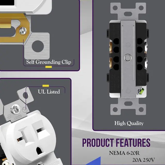 Alt view image 2 of 7 - ENERLITES Duplex Receptacle, 20 Amp Electrical Wall Outlet, Industrial Grade, 2-Pole, 3-Wire, 20A 250V, UL Listed, 62081-W-5PCS, White, 5 Pack