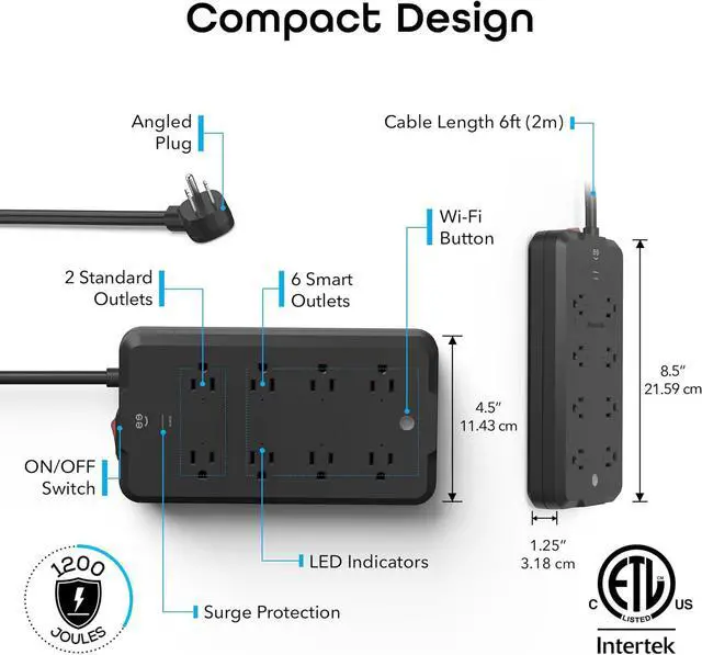 Alt view image 6 of 7 - Geeni Surge Ultra Smart 6-Outlet Surge Protector  WiFi Smart Power Strip with 3 USB Ports, Voice Control, Energy Monitoring, 900 Joules Protection, Compatible with Alexa & Google Assistant