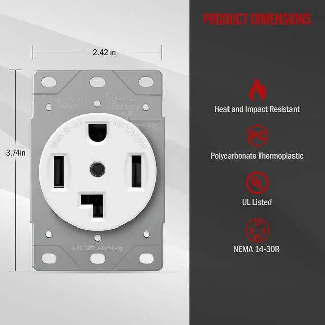 Alt view image 2 of 7 - ENERLITES 30 Amp Electrical Dryer Outlet | NEMA 14-30R, Outdoor/Indoor, Flush Mount Receptacle, 3-Pole, 4 Wire, (10,8,6,4) AWG, Industrial Grade, 125/250V, 66300-W | White, 30A White (Pack of 1)