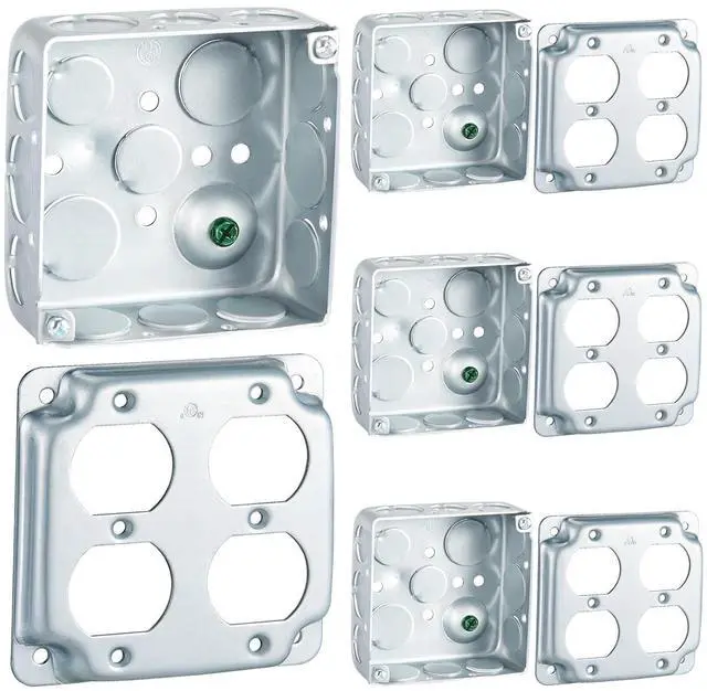 Main image of 4 Set 4 × 4" Electrical Junction Box with Cover Electrical Metal Outlet Box, 21.0 Cu. in. Capacity Receptacle Exposed Work Cover, 1-1/2'' Deep(Double Duplex)
