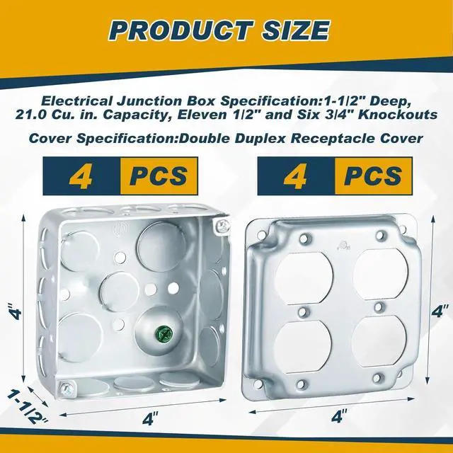 Alt view image 2 of 7 - 4 Set 4 × 4" Electrical Junction Box with Cover Electrical Metal Outlet Box, 21.0 Cu. in. Capacity Receptacle Exposed Work Cover, 1-1/2'' Deep(Double Duplex)