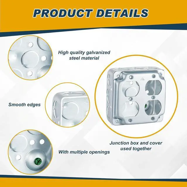 Alt view image 3 of 7 - 4 Set 4 × 4" Electrical Junction Box with Cover Electrical Metal Outlet Box, 21.0 Cu. in. Capacity Receptacle Exposed Work Cover, 1-1/2'' Deep(Double Duplex)