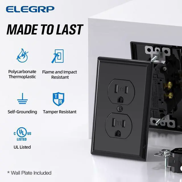 Alt view image 2 of 7 - ELEGRP Tamper-Resistant Duplex Receptacle, 15A 125V Standard Electrical Duplex Wall Outlet, 2 Pole 3 Wire, 5-15R, Self-Grounding, Residential Grade, w/Wall Plate, UL Listed (Glossy Black, 10 Pack)