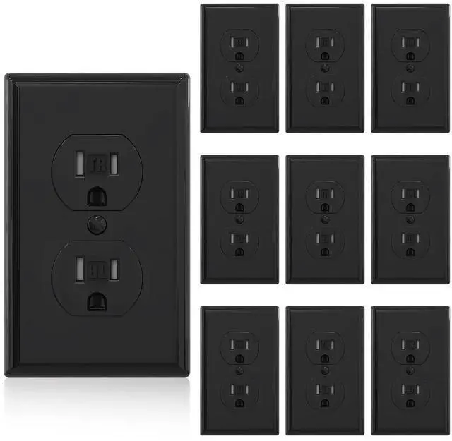 Main image of ELEGRP Tamper-Resistant Duplex Receptacle, 15A 125V Standard Electrical Duplex Wall Outlet, 2 Pole 3 Wire, 5-15R, Self-Grounding, Residential Grade, w/Wall Plate, UL Listed (Glossy Black, 10 Pack)