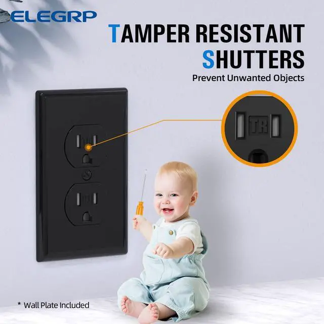 Alt view image 4 of 7 - ELEGRP Tamper-Resistant Duplex Receptacle, 15A 125V Standard Electrical Duplex Wall Outlet, 2 Pole 3 Wire, 5-15R, Self-Grounding, Residential Grade, w/Wall Plate, UL Listed (Glossy Black, 10 Pack)