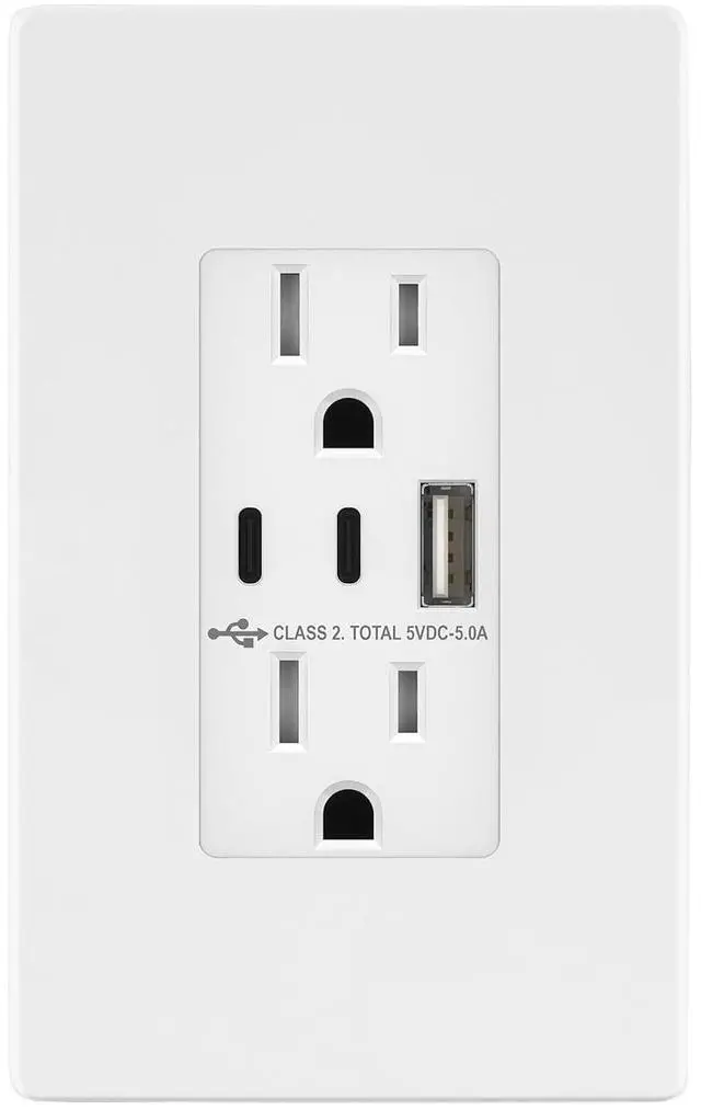 Main image of TOPGREENER 5.0A USB Outlet with 15Amp Duplex Tamper-Resistant Receptacles, USB Type-A, 2 USB Type-C, USB Outlets Receptacles, TU2155AC2-WSID, White, Screwless Wall Plate Included