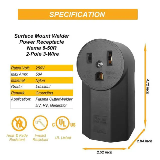 Alt view image 2 of 7 - Nema 6-50 Receptacle Industrial Grade 50 Amp Outlet Surface Mount Receptacle for EV, Plasma Cutter and Welder Outlet, 2-Pole 3-Wire, Black (Nema 6-50r)