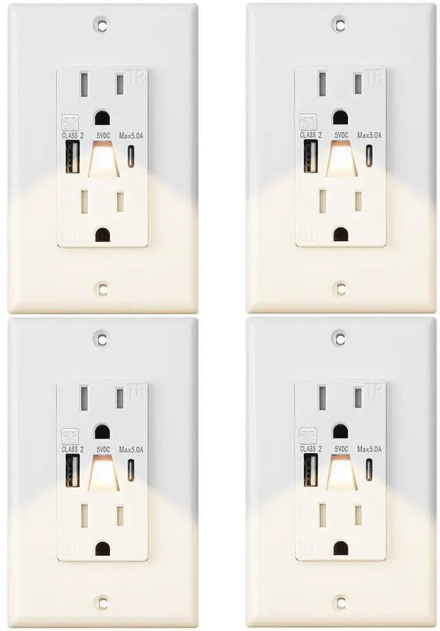 Main image of Wall Outlet with Night Lights and USB, 15A Electrical Outlet with USB A+C Ports, Tamper-Resistant Outlet with LED Nightlight,Standard Electrical Outlet with Type A+C in-Wall Charger,White (4 Pack)