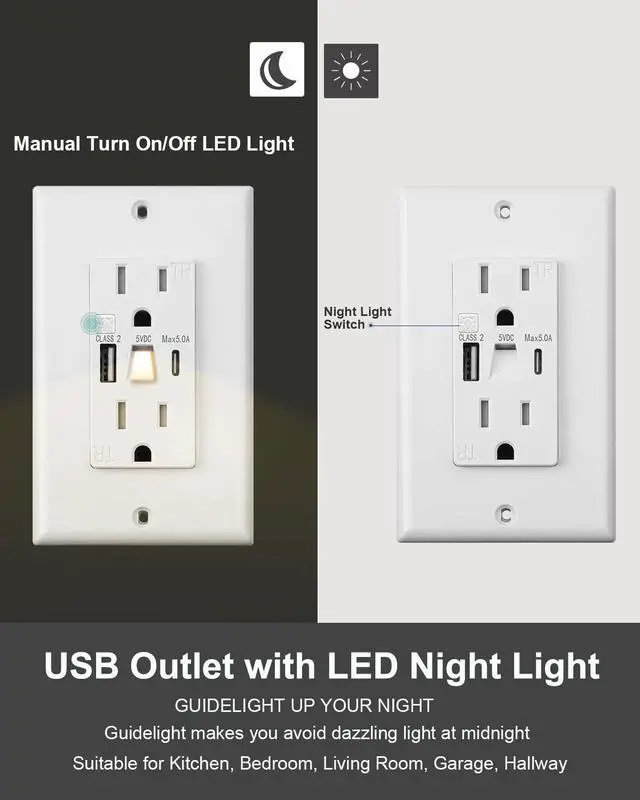 Alt view image 3 of 7 - Lights Outlet with USB, Modern Electrical Outlet with Light, Wall Outlet Covers with Night Lights,USB Outlet with LED Light,USB Type A & Type-C in-Wall Charger with AC Port,White (10 PCS)