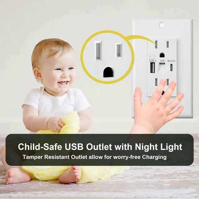 Alt view image 5 of 7 - Wall Outlet with Night Lights and USB, 15A Electrical Outlet with USB A+C Ports, Tamper-Resistant Outlet with LED Nightlight,Standard Electrical Outlet with Type A+C in-Wall Charger,White (4 Pack)