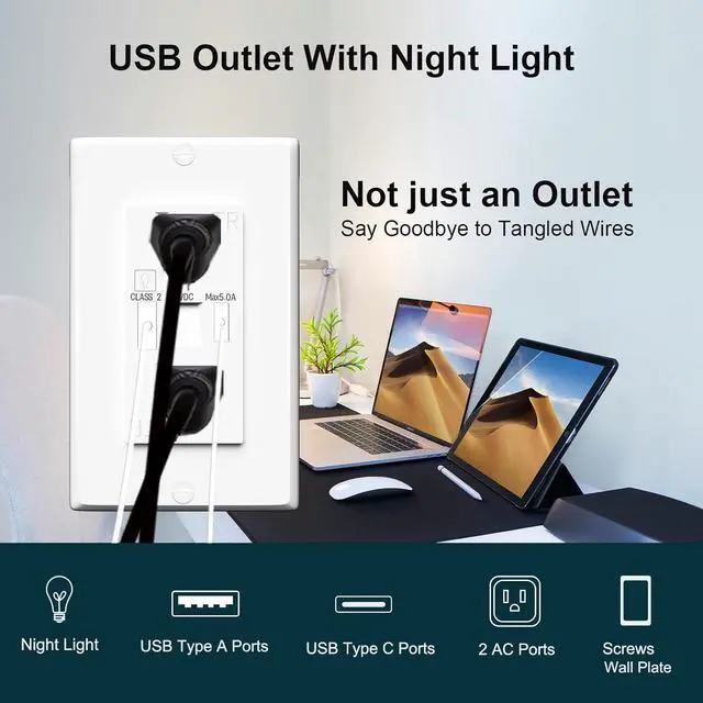 Alt view image 6 of 7 - Wall Outlet with Night Lights and USB, 15A Electrical Outlet with USB A+C Ports, Tamper-Resistant Outlet with LED Nightlight,Standard Electrical Outlet with Type A+C in-Wall Charger,White (4 Pack)