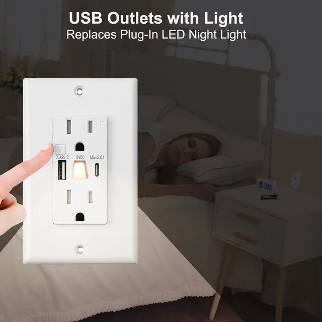 Alt view image 7 of 7 - Wall Outlet with Night Lights and USB, 15A Electrical Outlet with USB A+C Ports, Tamper-Resistant Outlet with LED Nightlight,Standard Electrical Outlet with Type A+C in-Wall Charger,White (4 Pack)