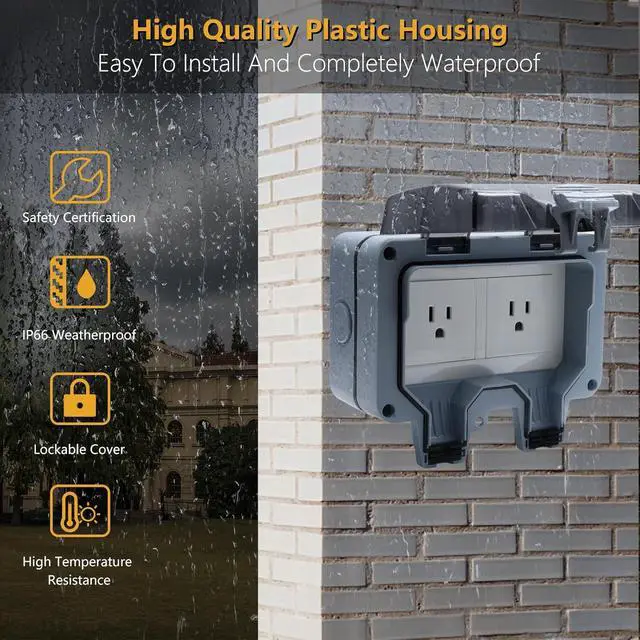 Alt view image 6 of 7 - STARELO 15Amp 2Gang Outdoor Socket Waterproof Socket, Wall Power Socket, IP66 125V 2group Switch Socket Cover, Outdoor Weatherproof Wall Plug Socket Box (2 Gang Switched Socket)