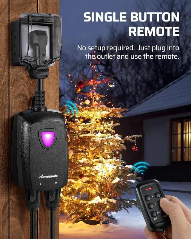 Alt view image 5 of 7 - DEWENWILS Outdoor Wireless Remote Outlet, 2-in-1 Individual Control Sockets, 2 Independent Control Sockets Weatherproof Remote Control Switch, 15A Heavy Duty with 2 Remote for Lights, FCC Listed