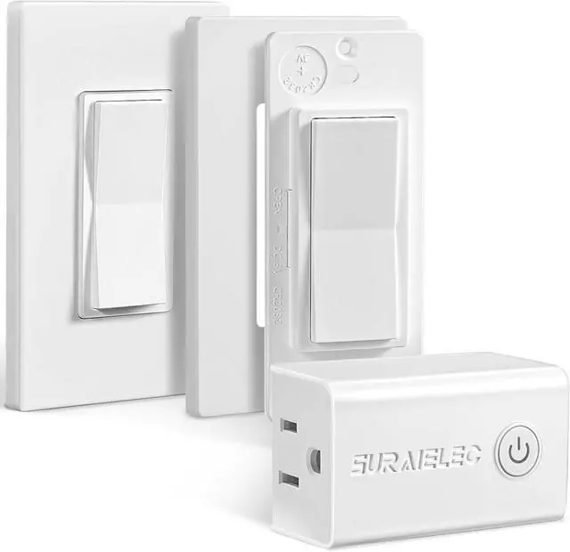 Main image of SURAIELEC 3 Way Wireless Light Switch, Remote Control Outlet, Decorator Rocker Wall Switch, 15 AMP, 100ft RF Range, No Wiring No WiFi, for Plug in Pendant Light, Lamp, Small Electrical Appliance