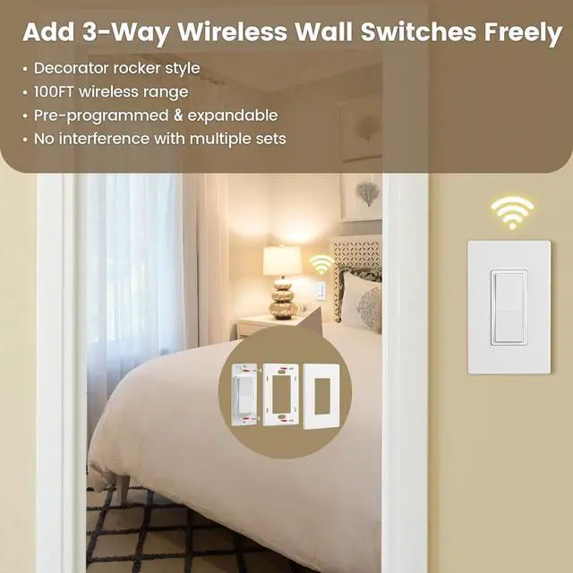 Alt view image 2 of 7 - SURAIELEC 3 Way Wireless Light Switch, Remote Control Outlet, Decorator Rocker Wall Switch, 15 AMP, 100ft RF Range, No Wiring No WiFi, for Plug in Pendant Light, Lamp, Small Electrical Appliance
