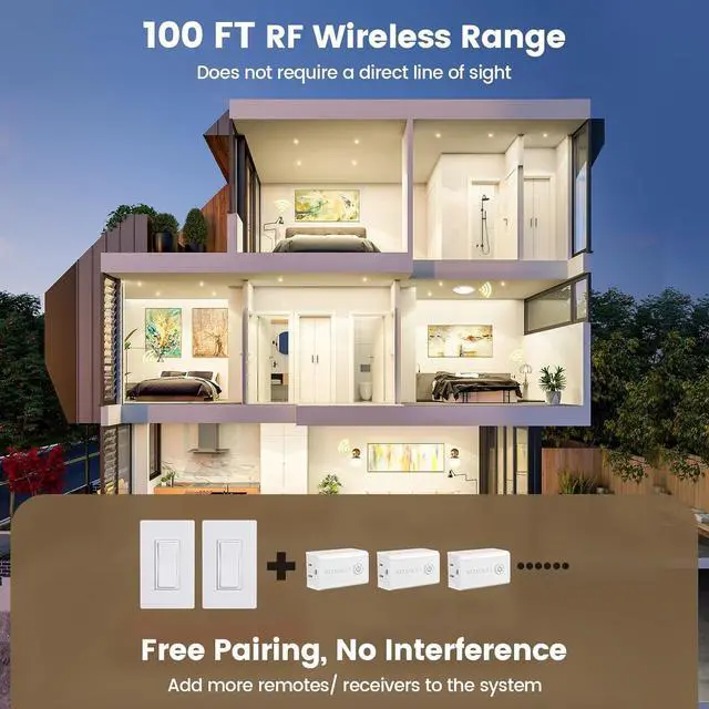 Alt view image 4 of 7 - SURAIELEC 3 Way Wireless Light Switch, Remote Control Outlet, Decorator Rocker Wall Switch, 15 AMP, 100ft RF Range, No Wiring No WiFi, for Plug in Pendant Light, Lamp, Small Electrical Appliance