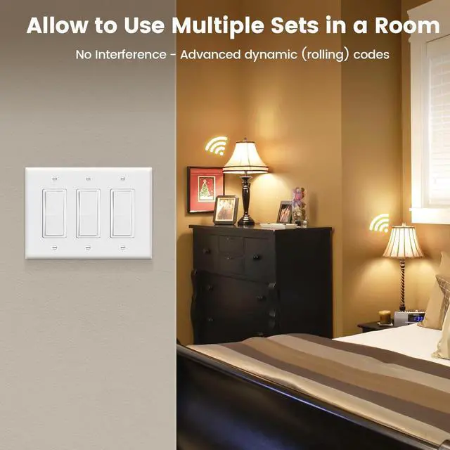 Alt view image 5 of 7 - SURAIELEC 3 Way Wireless Light Switch, Remote Control Outlet, Decorator Rocker Wall Switch, 15 AMP, 100ft RF Range, No Wiring No WiFi, for Plug in Pendant Light, Lamp, Small Electrical Appliance