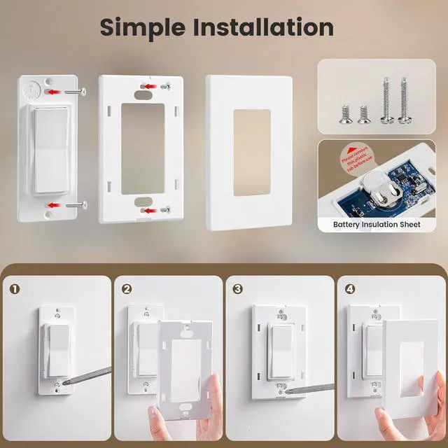 Alt view image 7 of 7 - SURAIELEC 3 Way Wireless Light Switch, Remote Control Outlet, Decorator Rocker Wall Switch, 15 AMP, 100ft RF Range, No Wiring No WiFi, for Plug in Pendant Light, Lamp, Small Electrical Appliance