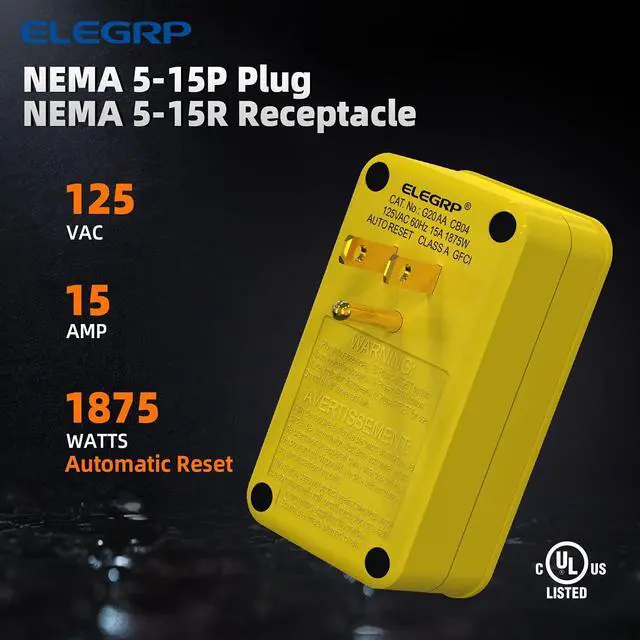 Alt view image 3 of 7 - ELEGRP Single Outlet GFCI Adapter, 15 AMP Grounded 3-Prong GFCI Adapter, for Indoor Use with Automatic Reset, UL Listed, Yellow, 1 Pack