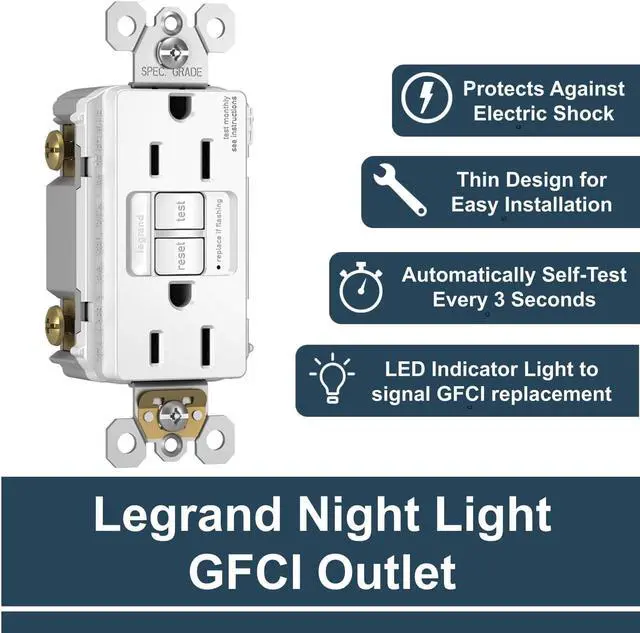 Alt view image 3 of 7 - Legrand Radiant 1597NTLTRWCCD4 15 Amp Night Light GFCI Self Test Tamper-Resistant Decorator Duplex Outlet with Cool Touch LED, White (1 Count)