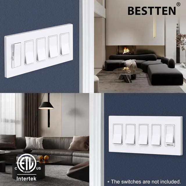 Alt view image 2 of 7 - BESTTEN 5-Gang Screwless Wall Plate, Decorator Outlet Cover, Decorative Switch Plate, USWP6 Gloss Snow White Series, Decor Face Plate, H4.69 x W10.18, ETL Listed