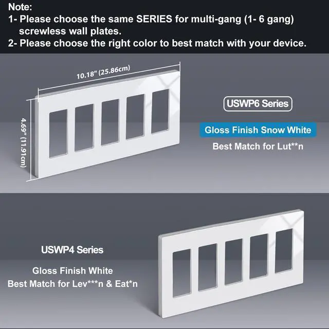 Alt view image 6 of 7 - BESTTEN 5-Gang Screwless Wall Plate, Decorator Outlet Cover, Decorative Switch Plate, USWP6 Gloss Snow White Series, Decor Face Plate, H4.69 x W10.18, ETL Listed