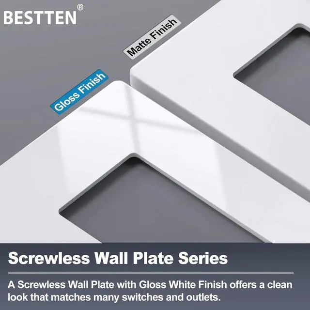 Alt view image 7 of 7 - BESTTEN 5-Gang Screwless Wall Plate, Decorator Outlet Cover, Decorative Switch Plate, USWP6 Gloss Snow White Series, Decor Face Plate, H4.69 x W10.18, ETL Listed