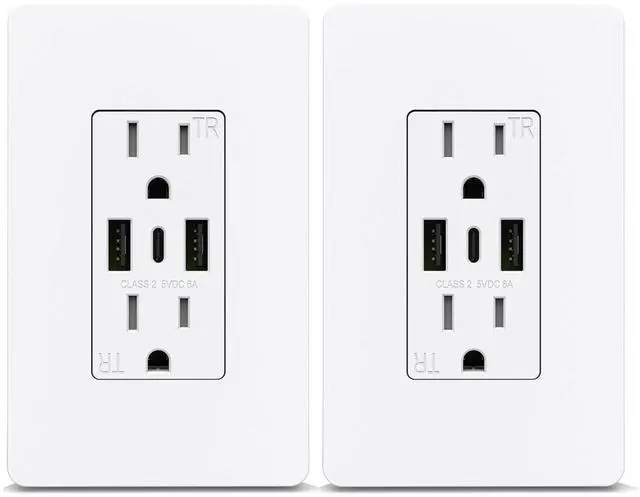 Main image of ThunderWay USB C Wall Outlet Receptacles, 30W 6.0A Tamper-Resistant Electrical Outlet with USB Ports, 15 Amp Wall Plug Outlets Included Wall Plate, ETL Listed, White, 2 Pack