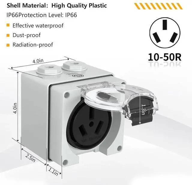 Alt view image 3 of 7 - STARELO 50Amp Power Outlet Box,NEMA 10-50R Receptacle 125/250Volt,Outdoor dustproof and Weatherproof.No Grounding, Outlet for RV,EV,Heavy Duty Industrial Grade Power Receptacle.ETL Listed.