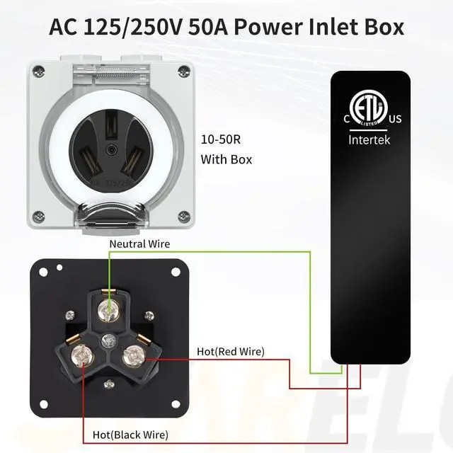 Alt view image 5 of 7 - STARELO 50Amp Power Outlet Box,NEMA 10-50R Receptacle 125/250Volt,Outdoor dustproof and Weatherproof.No Grounding, Outlet for RV,EV,Heavy Duty Industrial Grade Power Receptacle.ETL Listed.
