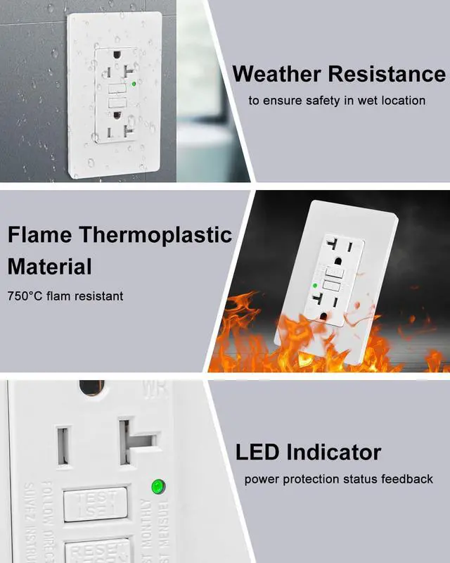 Alt view image 4 of 7 - GFCI Outlet 20 amp GFI Electrical Outlet 20 amp Outdoor GFCI Outlet Weather Resistant Self-Test Exterior Outlet 20amp Ground Fault Outlet GFI Outlet with LED Indicator UL Listed White 5 Pack