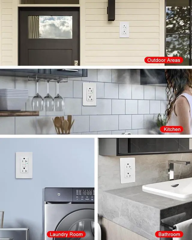 Alt view image 6 of 7 - GFCI Outlet 20 amp GFI Electrical Outlet 20 amp Outdoor GFCI Outlet Weather Resistant Self-Test Exterior Outlet 20amp Ground Fault Outlet GFI Outlet with LED Indicator UL Listed White 5 Pack