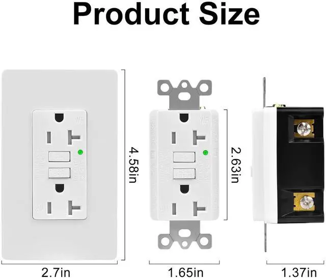 Alt view image 7 of 7 - GFCI Outlet 20 amp GFI Electrical Outlet 20 amp Outdoor GFCI Outlet Weather Resistant Self-Test Exterior Outlet 20amp Ground Fault Outlet GFI Outlet with LED Indicator UL Listed White 5 Pack