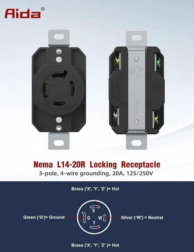 Alt view image 2 of 7 - AIDA NEMA L14-20R Flush Mounting Locking Receptacle, Twist-Lock Generator Outlet, 20 Amp, 125/250 Volt, 3-Pole, 4-Wire Grounding, Heavy Duty Turnlock Socket, Industrial Grade, UL Listed